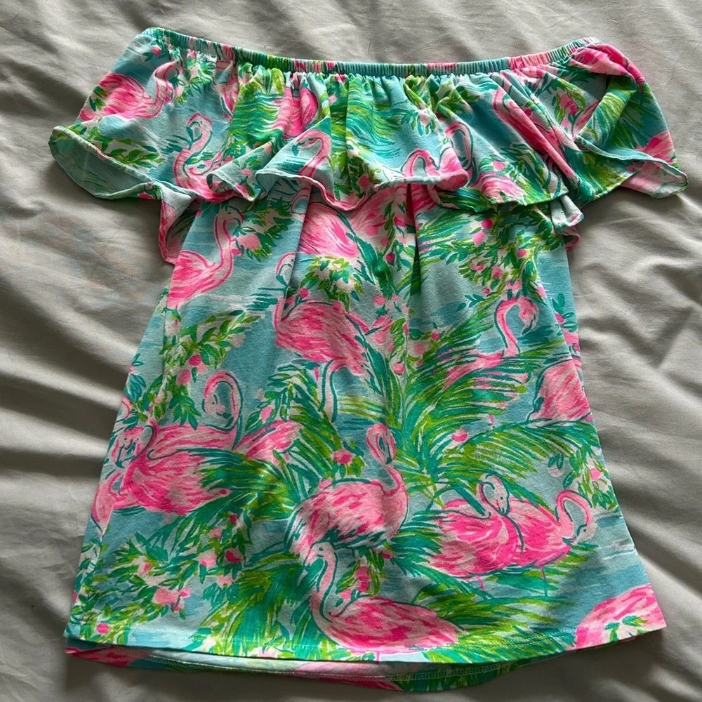 Lilly Pulitzer La Fortuna Off The Shoulder Flamingo Print Ruffle Top - Picture 5 of 9